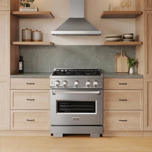 ZLINE 30 in. 4.2 cu. ft. Classic Gas Range with 4 Burner DuoPro™ Cooktop and Convection Gas Oven in Satin Stainless Steel (PCGRS-30) in a modern kitchen with wooden cabinets and shelves, front.