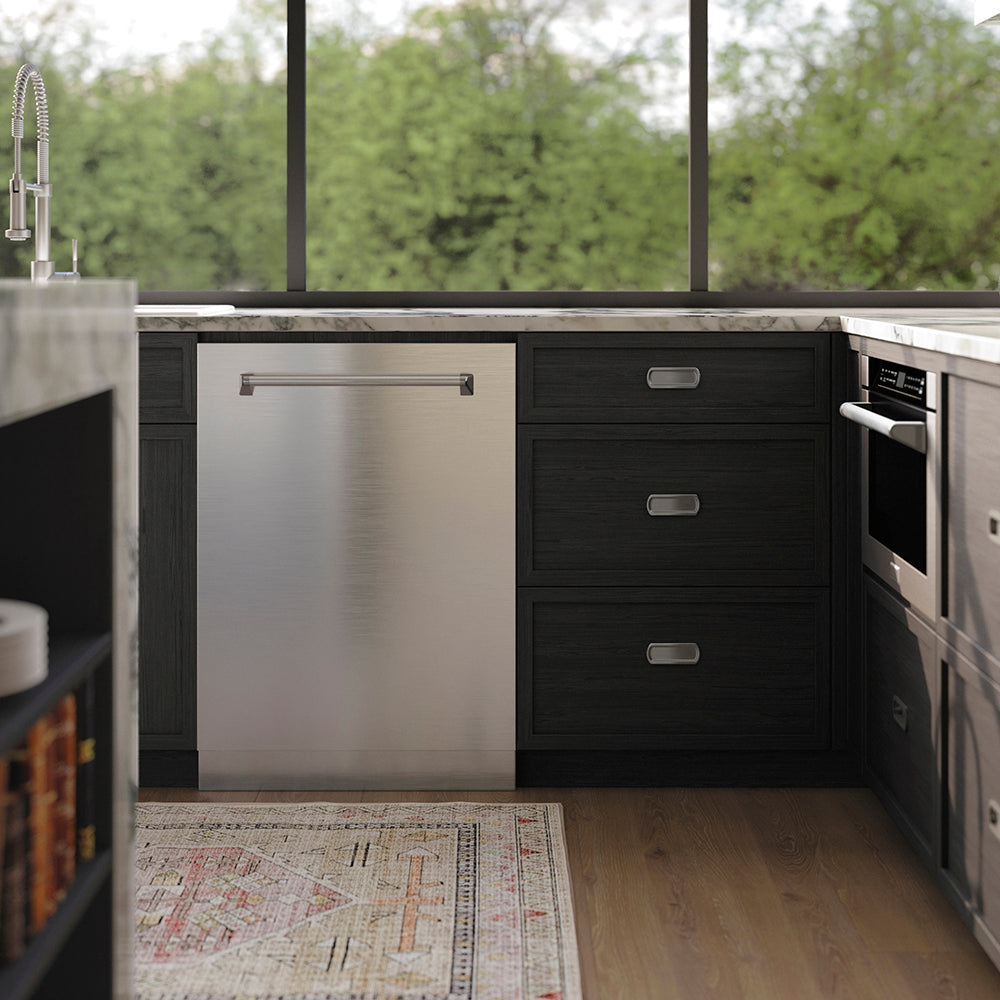 Modern kitchen with black cabinets, ZLINE 24 in. Tallac Series 3rd Rack Tall Tub Dishwasher in Stainless Steel, 51dBa (DWV-304-24), and a view of greenery outside.