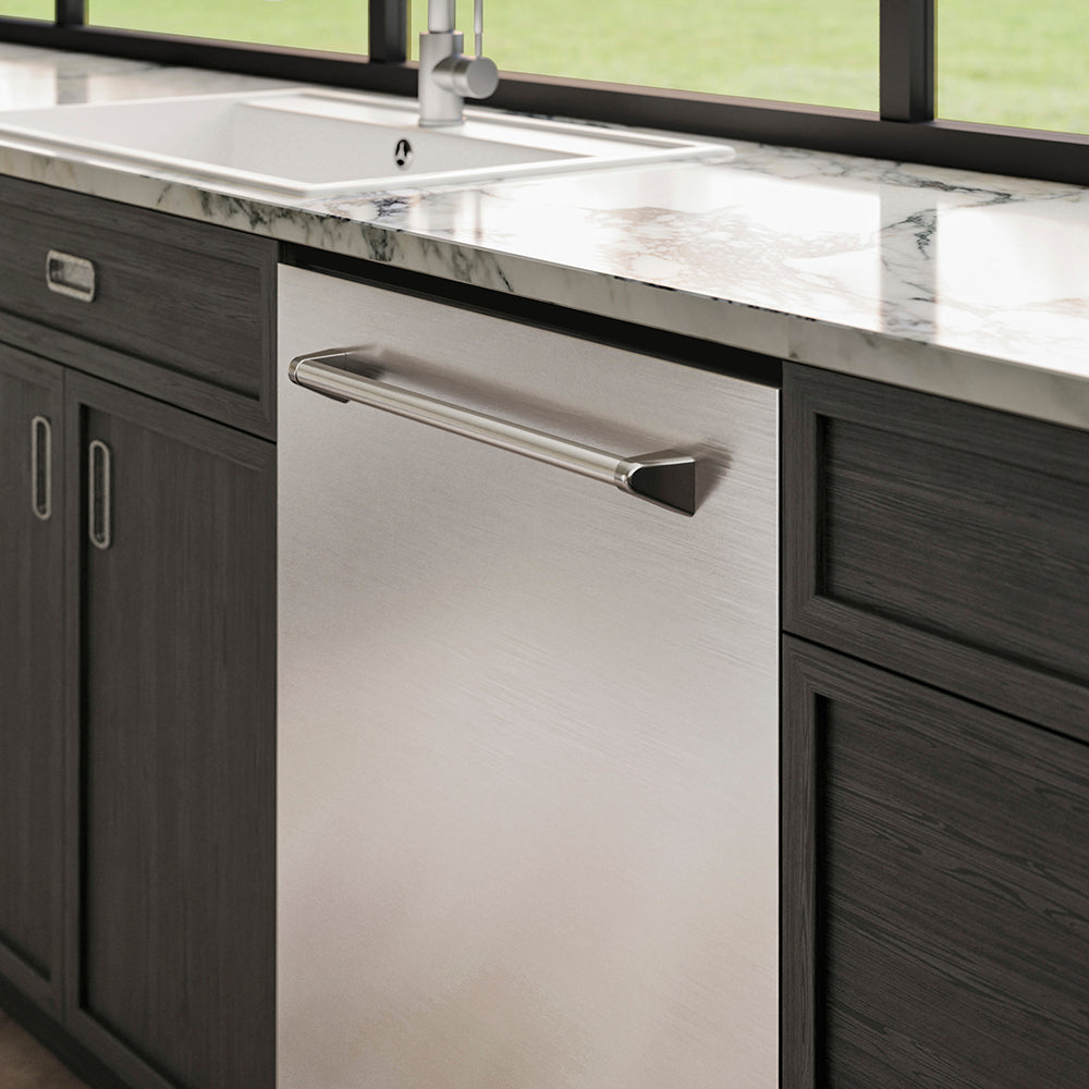 ZLINE 24 in. Tallac Series 3rd Rack Tall Tub Dishwasher in Stainless Steel, 51dBa (DWV-304-24) integrated into a kitchen with dark wood cabinets and marble countertop.