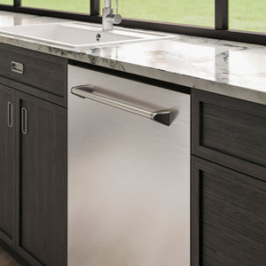 ZLINE 24 in. Tallac Series 3rd Rack Tall Tub Dishwasher in Stainless Steel, 51dBa (DWV-304-24) integrated into a kitchen with dark wood cabinets and marble countertop.