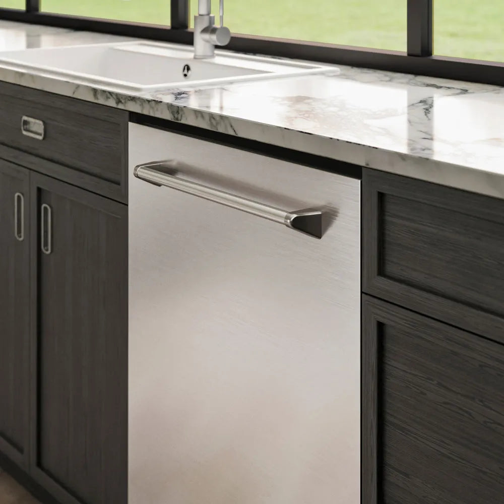 ZLINE 24 in. Tallac Series 3rd Rack Dishwasher with Auto Door Open Drying, 51dBa, Stainless Steel Panel (DWV-304-24) integrated into a kitchen with dark wood cabinets and marble countertop.