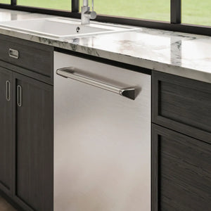 ZLINE 24 in. Tallac Series 3rd Rack Dishwasher with Auto Door Open Drying, 51dBa, Stainless Steel Panel (DWV-304-24) integrated into a kitchen with dark wood cabinets and marble countertop.
