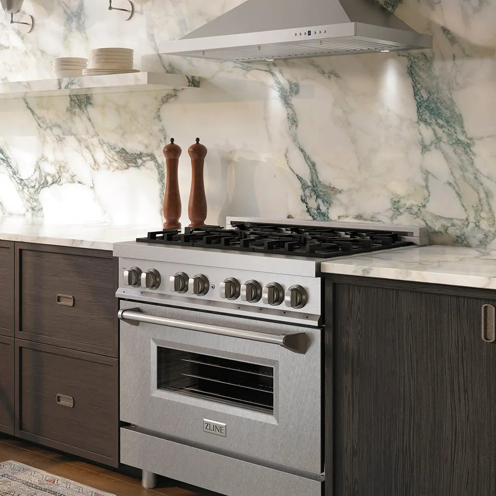 ZLINE 36 in. 4.6 cu. ft. Legacy Dual Fuel Range with 6 Burner Gas Cooktop and Electric Convection Oven in Stainless Steel with Satin Stainless Steel Door (RA-SN-36) in a kitchen with marble backsplash