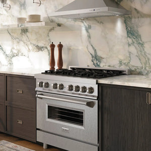 ZLINE 36 in. 4.6 cu. ft. Legacy Dual Fuel Range with 6 Burner Gas Cooktop and Electric Convection Oven in Stainless Steel with Satin Stainless Steel Door (RA-SN-36) in a kitchen with marble backsplash