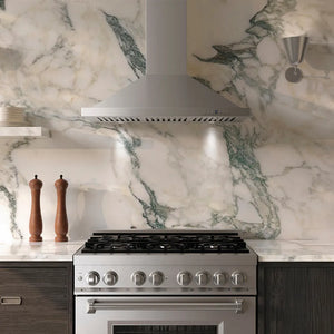Luxury kitchen with ZLINE 36 in. Convertible Vent Wall Mount Range Hood in Stainless Steel (KB-36), stainless steel stove, and marble backsplash