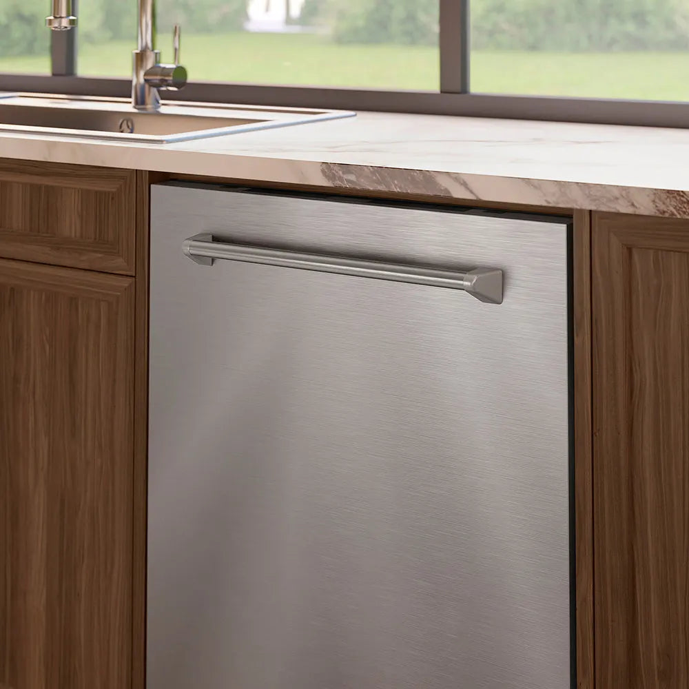 ZLINE 24 in. Monument Series 3rd Rack Dishwasher with Auto Door Open Drying, 44dBa, Stainless Steel Panel (DWMT-304-24) side, in a designer kitchen with wooden cabinets and a window view.