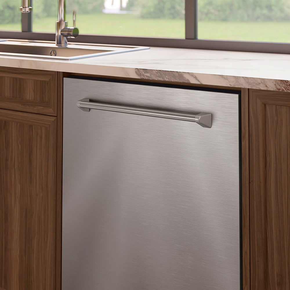 ZLINE 24 in. Tallac Series 3rd Rack Tall Tub Dishwasher in Stainless Steel, 51dBa (DWV-304-24) in a kitchen with wooden cabinets and a window view.