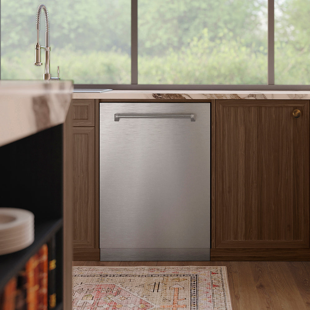 ZLINE 24 in. Tallac Series 3rd Rack Tall Tub Dishwasher in Stainless Steel, 51dBa (DWV-304-24) in a modern kitchen with wooden cabinets and a window view.