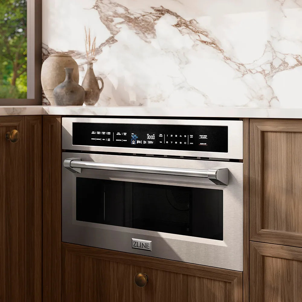 ZLINE 30 in. 1.6 cu. ft. Built-in Convection Microwave Oven in Stainless Steel with Speed and Sensor Cooking (MWO-30) embedded in wooden cabinetry with marble backsplash
