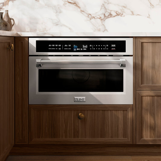 ZLINE 30 in. 1.6 cu. ft. Built-in Convection Microwave Oven in Stainless Steel with Speed and Sensor Cooking (MWO-30) in a kitchen setting with marble countertop and wooden cabinets.