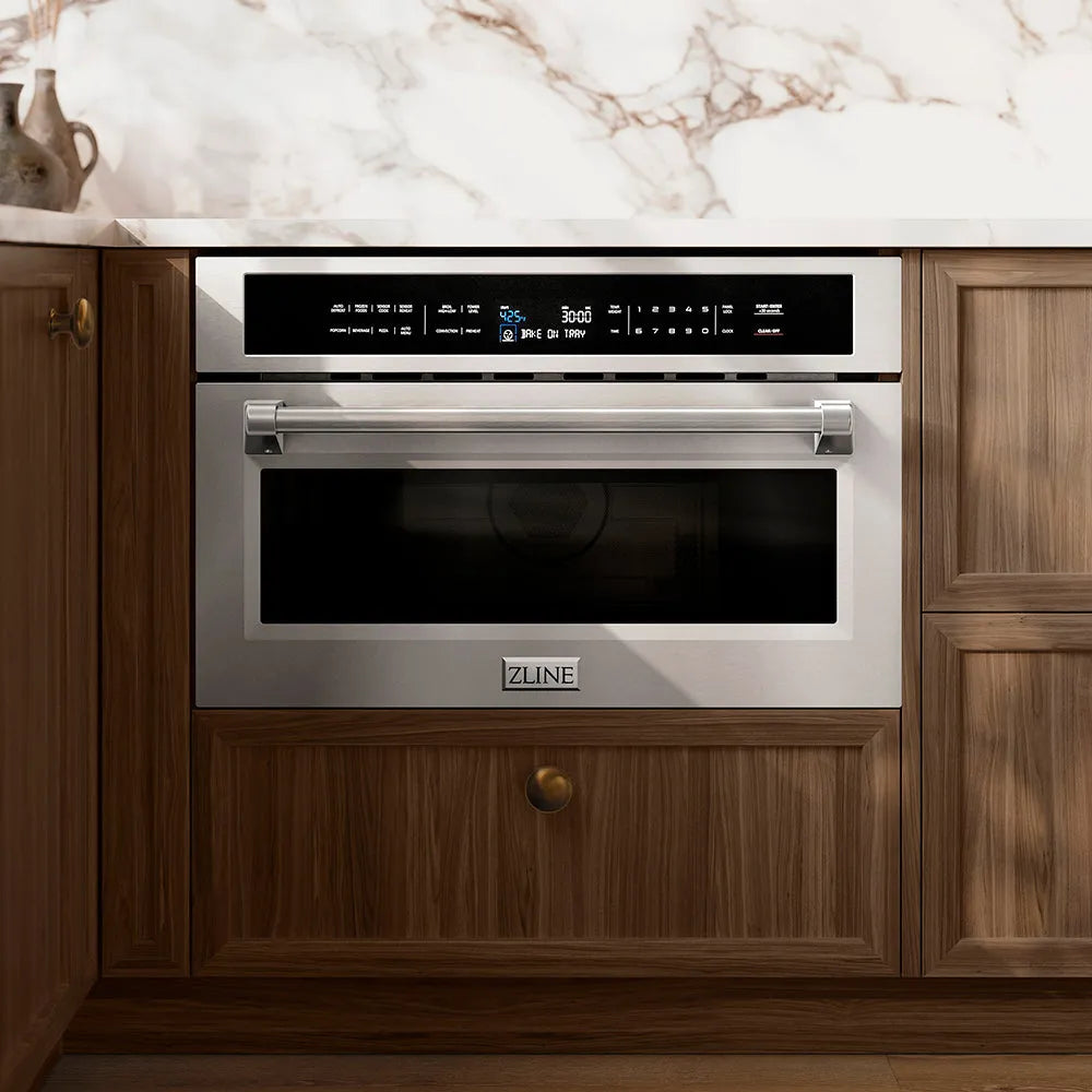 ZLINE 30 in. 1.6 cu. ft. Built-in Convection Microwave Oven in Stainless Steel with Speed and Sensor Cooking (MWO-30) in a kitchen setting with marble countertop and wooden cabinets.