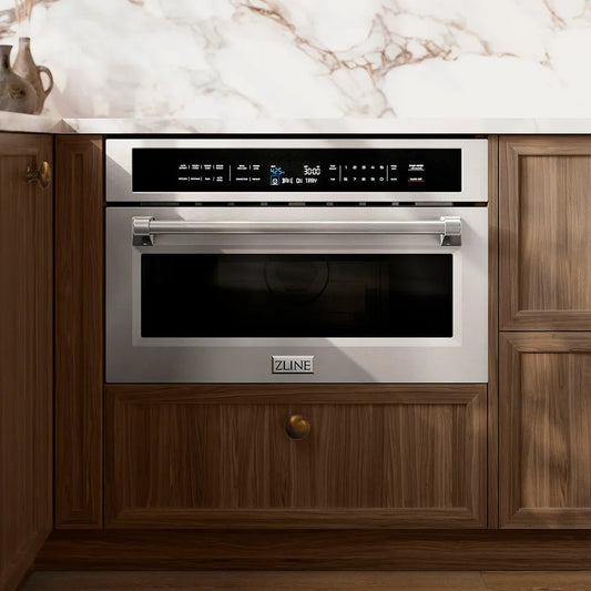 ZLINE 30 in. 1.6 cu. ft. Built-in Convection Microwave Oven in Stainless Steel with Speed and Sensor Cooking (MWO-30) in a kitchen setting with marble countertop and wooden cabinets.