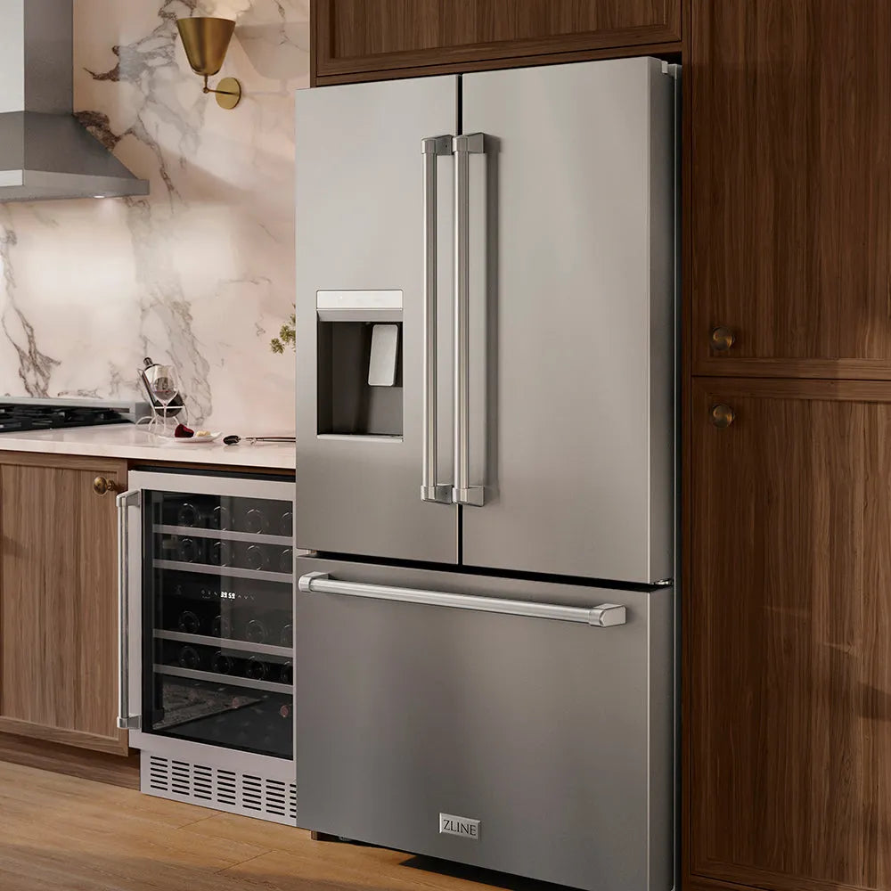 ZLINE 36 in. 28.9 cu. ft. Standard-Depth French Door External Water Dispenser Refrigerator with Dual Ice Maker in Fingerprint-Resistant Stainless Steel (RSM-W-36) in a modern kitchen with wooden cabinets and marble backsplash.