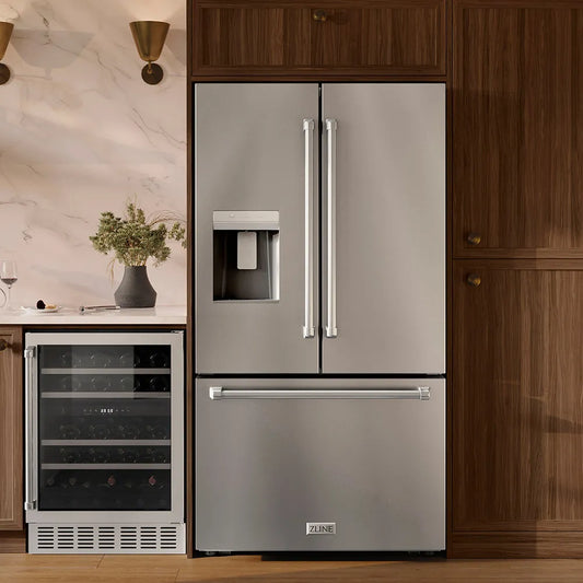 ZLINE 36 in. 28.9 cu. ft. Standard-Depth French Door External Water Dispenser Refrigerator with Dual Ice Maker in Fingerprint-Resistant Stainless Steel (RSM-W-36) with built-in wine cooler in a kitchen setting