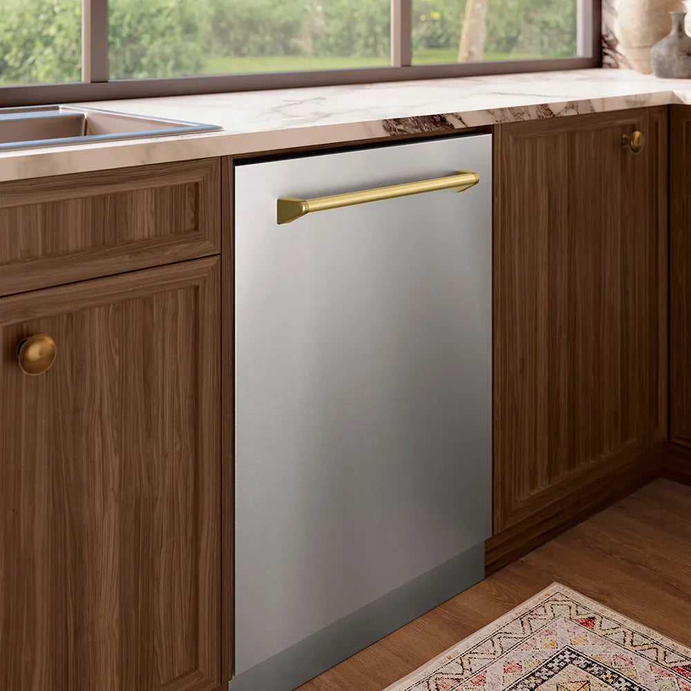 ZLINE Autograph Edition 24 in. Monument Series 3rd Rack Top Touch Control Tall Tub Dishwasher in Stainless Steel with Champagne Bronze Handle, 45dBa (DWMTZ-304-24-CB) in a kitchen setting