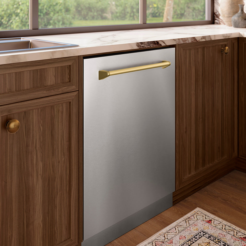 ZLINE Autograph Edition 24 in. Tallac Series 3rd Rack Top Control Built-In Tall Tub Dishwasher in Stainless Steel with Champagne Bronze Handle, 51dBa (DWVZ-304-24-CB) in a kitchen setting