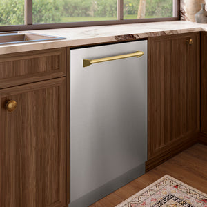 ZLINE Autograph Edition 24 in. Tallac Series 3rd Rack Top Control Built-In Tall Tub Dishwasher in Stainless Steel with Champagne Bronze Handle, 51dBa (DWVZ-304-24-CB) in a kitchen setting