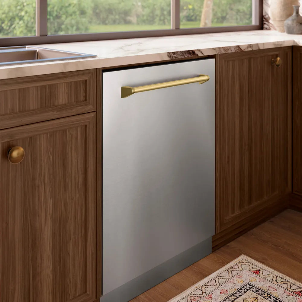 ZLINE Autograph Edition 24 in. Tallac Series 3rd Rack Dishwasher with Auto Door Open Drying, 51dBa, Stainless Steel Panel with Champagne Bronze Handle (DWVZ-304-24-CB) in a kitchen setting