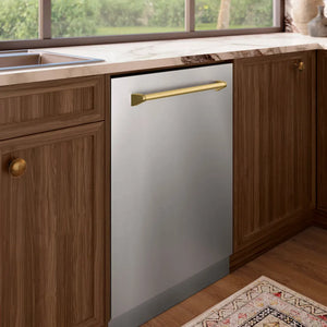 ZLINE Autograph Edition 24 in. Tallac Series 3rd Rack Dishwasher with Auto Door Open Drying, 51dBa, Stainless Steel Panel with Champagne Bronze Handle (DWVZ-304-24-CB) in a kitchen setting