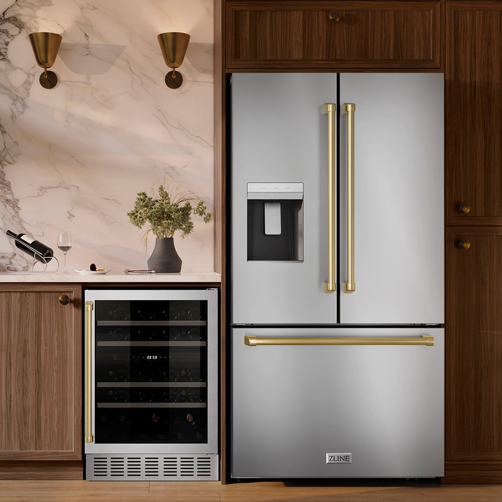 ZLINE Autograph Edition 36 in. 28.9 cu. ft. Standard-Depth French Door External Water Dispenser Refrigerator with Dual Ice Maker in Fingerprint-Resistant Stainless Steel and Champagne Bronze Traditional Handles (RSMZ-W-36-CB)