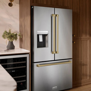 Modern kitchen with a ZLINE Autograph Edition 36 in. 28.9 cu. ft. Standard-Depth French Door External Water Dispenser Refrigerator with Dual Ice Maker in Fingerprint-Resistant Stainless Steel and Champagne Bronze Traditional Handles (RSMZ-W-36-CB) and wine cooler.