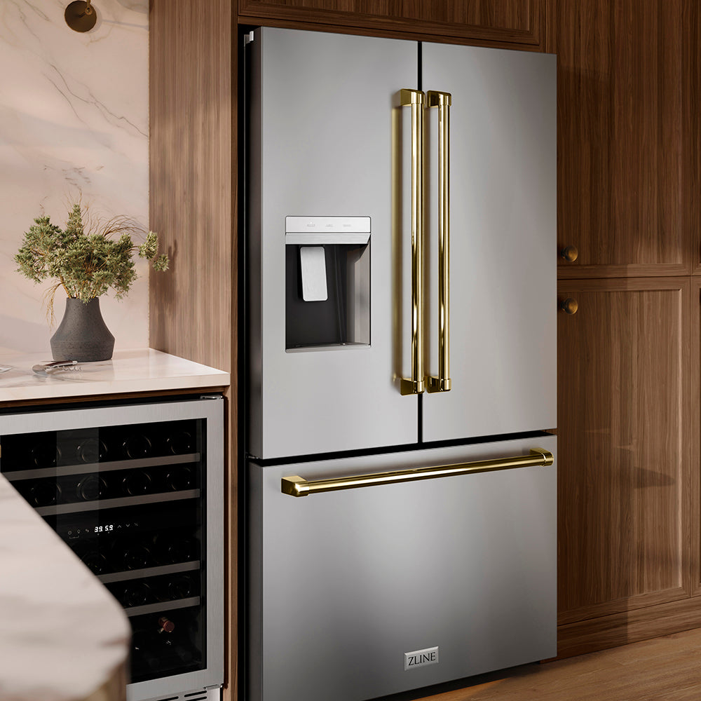ZLINE Autograph Edition 36 in. 28.9 cu. ft. Standard-Depth French Door External Water Dispenser Refrigerator with Dual Ice Maker in Fingerprint-Resistant Stainless Steel and Polished Gold Traditional Handles (RSMZ-W-36-G)
