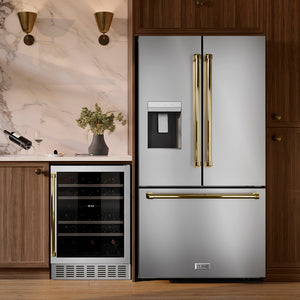 ZLINE Autograph Edition 36 in. 28.9 cu. ft. Standard-Depth French Door External Water Dispenser Refrigerator with Dual Ice Maker in Fingerprint-Resistant Stainless Steel and Polished Gold Traditional Handles (RSMZ-W-36-G)