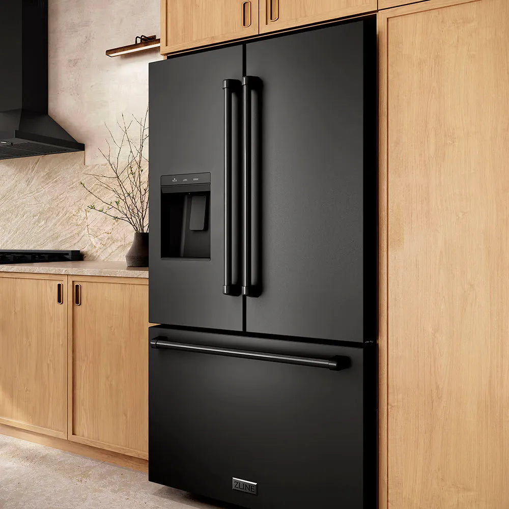 ZLINE 36 in. 28.9 cu. ft. Standard-Depth French Door External Water Dispenser Refrigerator with Dual Ice Maker in Fingerprint-Resistant Black Stainless Steel (RSM-W-36-BS) in a kitchen setting