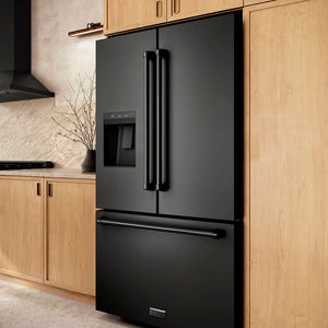 ZLINE 36 in. 28.9 cu. ft. Standard-Depth French Door External Water Dispenser Refrigerator with Dual Ice Maker in Fingerprint-Resistant Black Stainless Steel (RSM-W-36-BS) in a kitchen setting