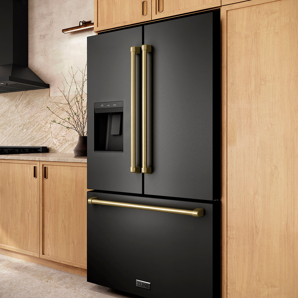 ZLINE Autograph Edition 36 in. 28.9 cu. ft. Standard-Depth French Door External Water Dispenser Refrigerator with Dual Ice Maker in Fingerprint-Resistant Black Stainless Steel and Champagne Bronze Traditional Handles (RSMZ-W-36-BS-CB)