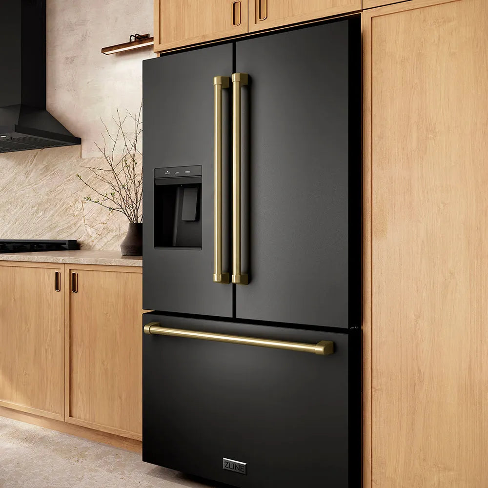 ZLINE Autograph Edition 36 in. 28.9 cu. ft. Standard-Depth French Door External Water Dispenser Refrigerator with Dual Ice Maker in Fingerprint-Resistant Black Stainless Steel and Champagne Bronze Traditional Handles (RSMZ-W-36-BS-CB) in a kitchen setting with wood details.