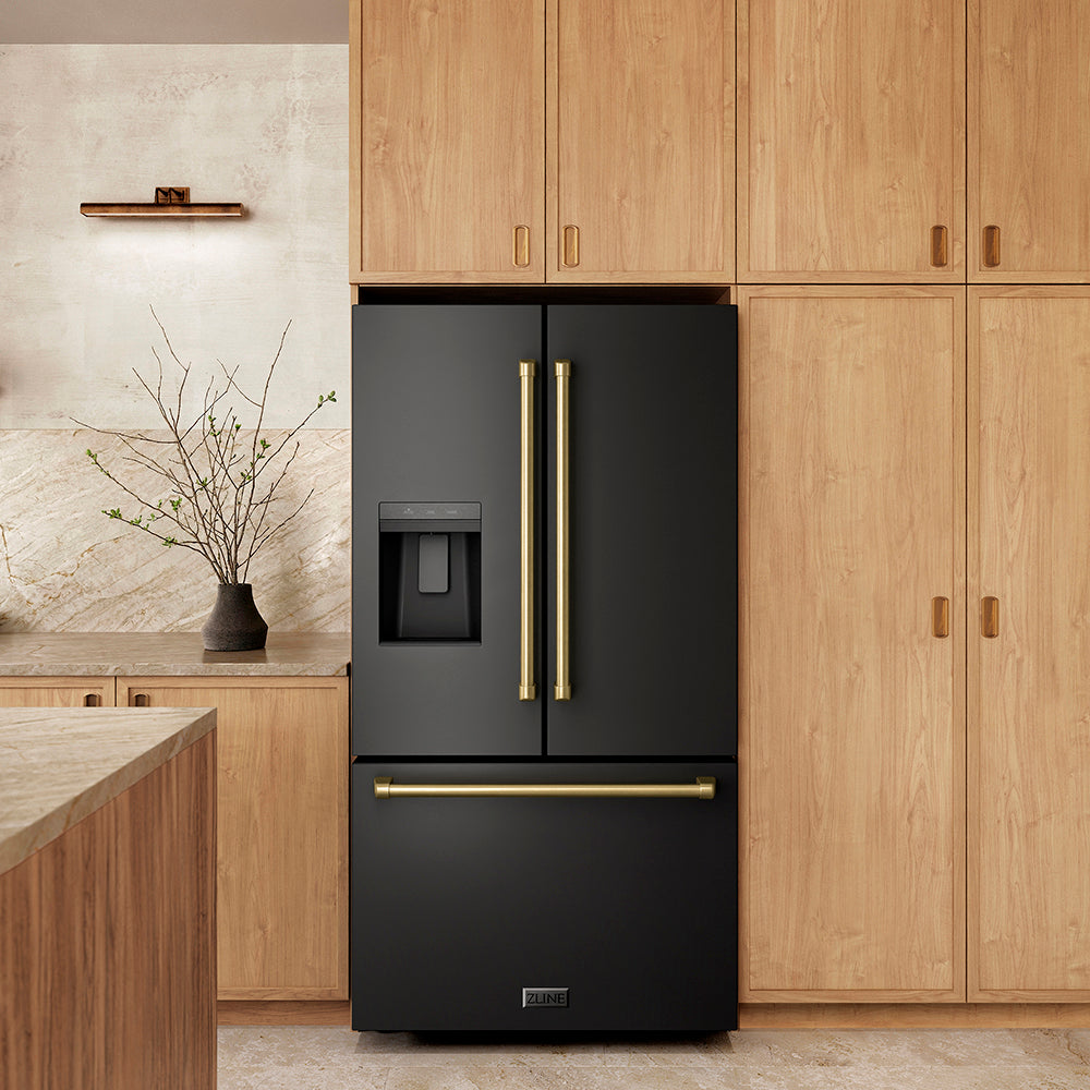 ZLINE Autograph Edition 36 in. 28.9 cu. ft. Standard-Depth French Door External Water Dispenser Refrigerator with Dual Ice Maker in Fingerprint-Resistant Black Stainless Steel and Champagne Bronze Traditional Handles (RSMZ-W-36-BS-CB)