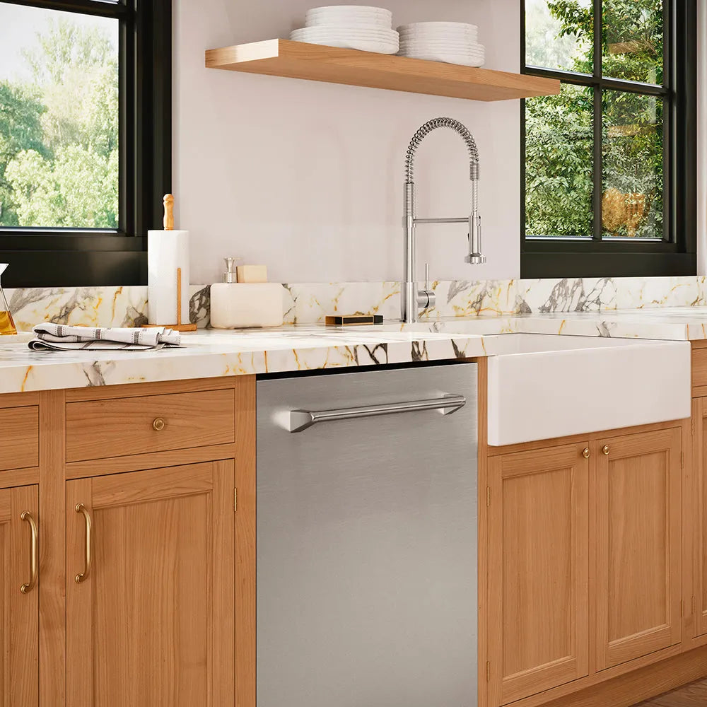 Modern kitchen with wooden cabinets, marble countertop, and ZLINE 24 in. Tallac Series 3rd Rack Tall Tub Dishwasher in Stainless Steel, 51dBa (DWV-304-24)