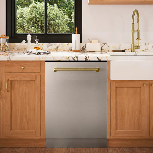 ZLINE Autograph Edition 24 in. Tallac Series 3rd Rack Top Control Built-In Tall Tub Dishwasher in Stainless Steel with Champagne Bronze Handle, 51dBa (DWVZ-304-24-CB) in a kitchen with wooden cabinets and marble countertops.