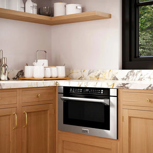 Modern kitchen with wooden cabinets, marble countertop, and ZLINE 24 in. 1.2 cu. ft. Built-in Microwave Drawer with a Traditional Handle in Stainless Steel (MWD-1-H)