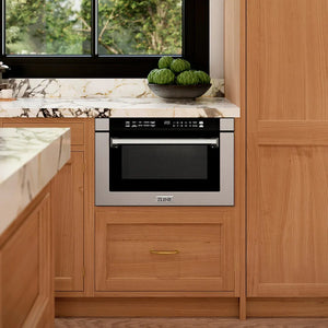Modern kitchen with wooden cabinets, marble countertop, and ZLINE 24 in. 1.2 cu. ft. Built-in Microwave Drawer with a Traditional Handle in Stainless Steel (MWD-1-H)