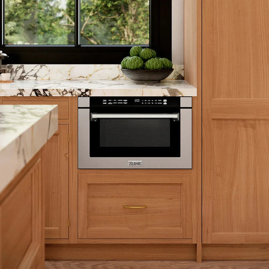 Modern kitchen with wooden cabinets, marble countertop, and ZLINE 24 in. 1.2 cu. ft. Built-in Microwave Drawer with a Traditional Handle in Stainless Steel (MWD-1-H)