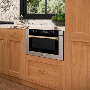 Modern kitchen with wooden cabinets and a ZLINE Autograph Edition 24 in. 1.2 cu. ft. Built-in Microwave Drawer with a Traditional Handle in Stainless Steel and Champagne Bronze Accents (MWDZ-1-H-CB)