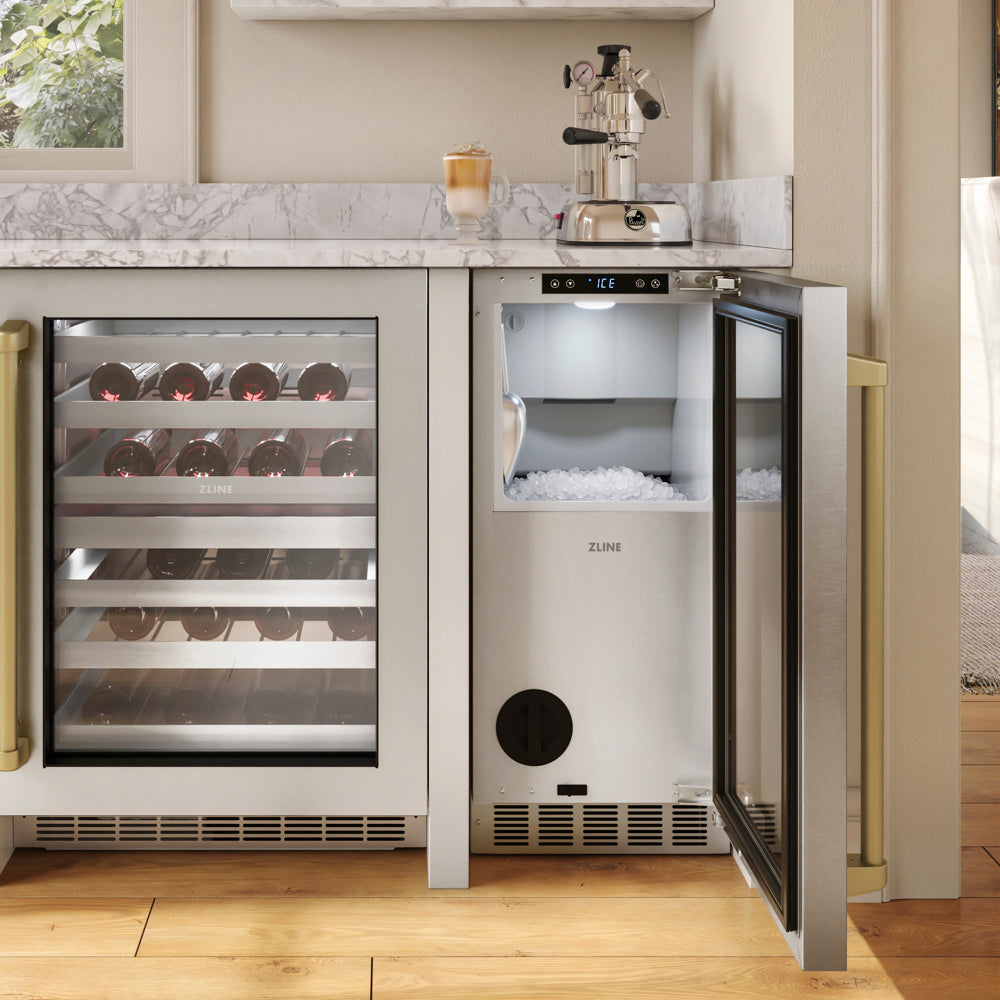 ZLINE Autograph Edition 15 in. Touchstone Nugget Ice Maker with Drain Pump and Solid Stainless Steel Door with Champagne Bronze Handle (INGDZ-ST-15-CB)