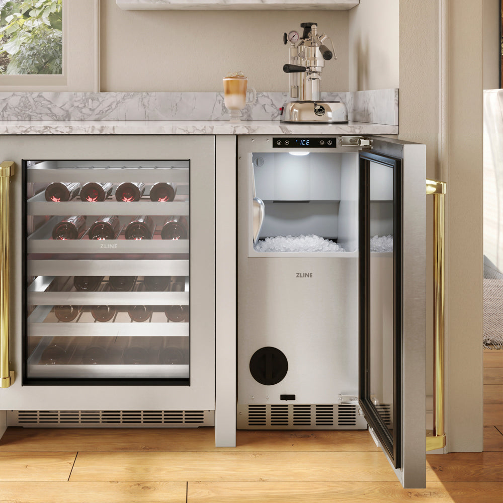 ZLINE Autograph Edition 15 in. Touchstone Nugget Ice Maker with Drain Pump and Solid Stainless Steel Door with Polished Gold Handle (INGDZ-ST-15-G)
