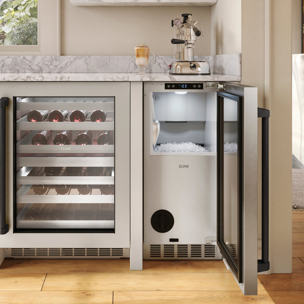ZLINE Autograph Edition 15 in. Touchstone Nugget Ice Maker with Drain Pump and Solid Stainless Steel Door with Matte Black Handle (INGDZ-ST-15-MB)