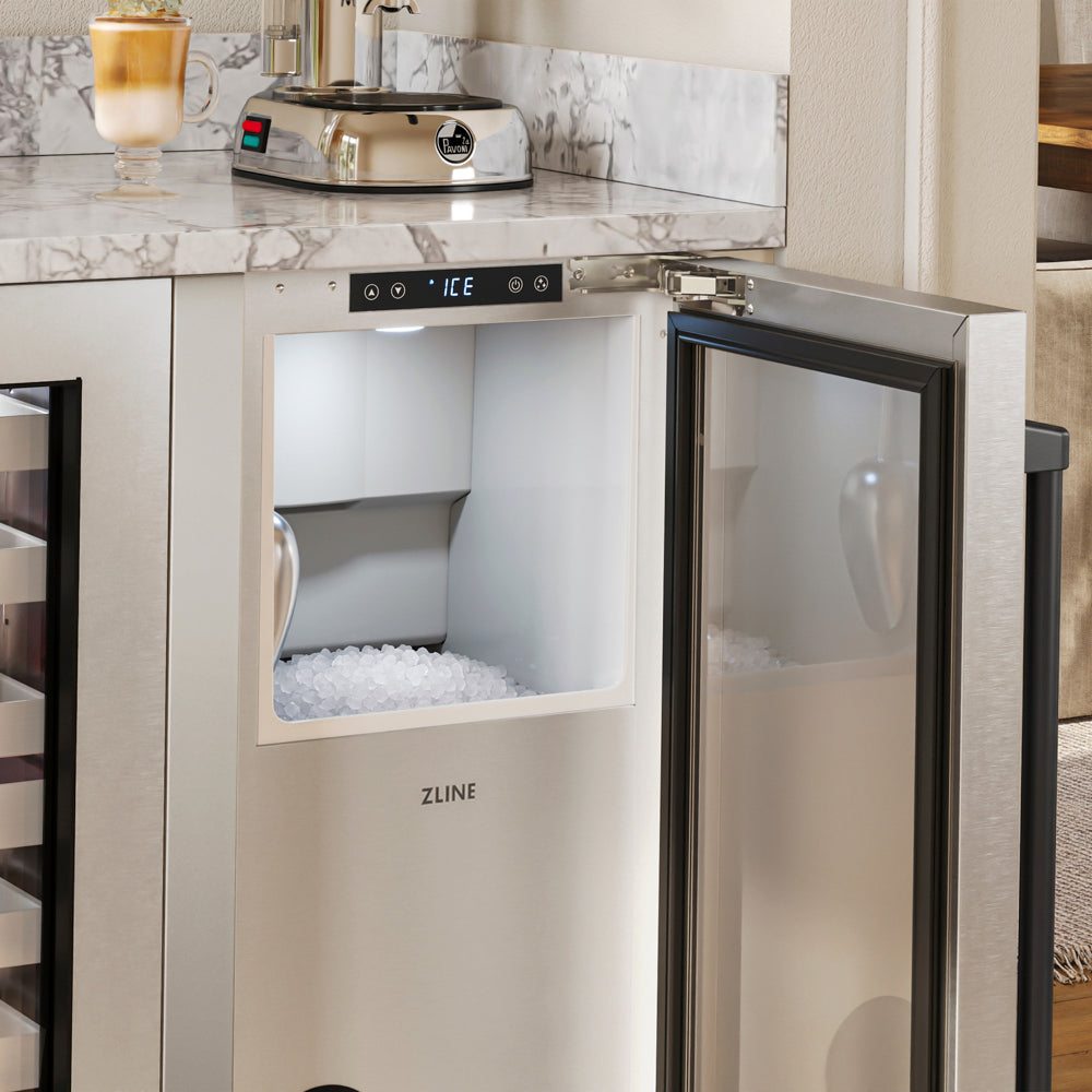 ZLINE Autograph Edition 15 in. Touchstone Nugget Ice Maker with Drain Pump and Solid Stainless Steel Door with Matte Black Handle (INGDZ-ST-15-MB)