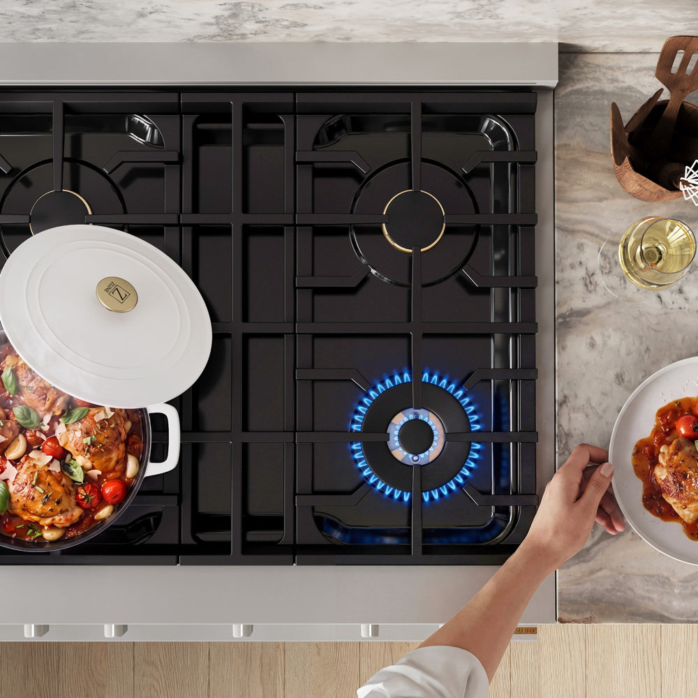 ZLINE 30 in. 4.2 cu. ft. Marino Dual Fuel Range with Gas Cooktop and Electric Convection Oven in Stainless Steel with 4 Brass Burners (MDR-BR-30) top-down, above cooking surface.