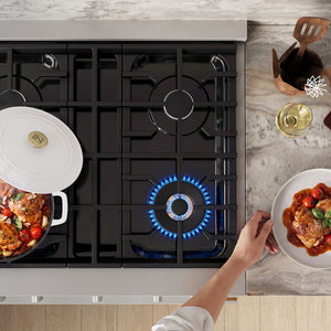 ZLINE 30 in. 4.2 cu. ft. Marino Dual Fuel Range with 4 Burner Gas Cooktop and Electric Convection Oven in Stainless Steel (MDR30) top-down, above cooking surface.