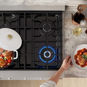 ZLINE 30 in. 4.2 cu. ft. Marino Dual Fuel Range with 4 Burner Gas Cooktop and Electric Convection Oven in Stainless Steel (MDR30) top-down, above cooking surface.