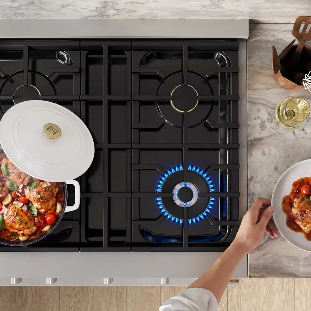 ZLINE 30 in. 4.2 cu. ft. Marino Gas Range with Convection Gas Oven in Stainless Steel with 4 Brass Burners (MGR-BR-30) top-down, above cooktop. A white-lidded pot with a colorful food mixture sits on the left burner, while a blue gas flame burns under a pan on the front-right burner.