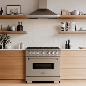 Designer kitchen with a ZLINE 36 in. 5.2 cu. ft. Classic Dual Fuel Range with 6 Burner DuoPro™ Cooktop and Electric Convection Oven in Stainless Steel (PCDR36) and wooden cabinets, front.