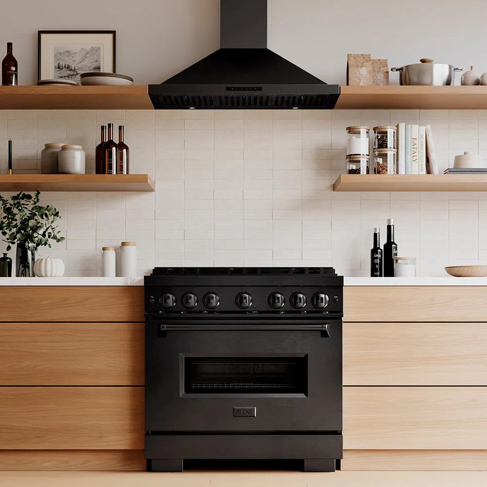 Designer kitchen with a ZLINE 36 in. 5.2 cu. ft. Classic Dual Fuel Range with 6 Burner DuoPro™ Cooktop and Electric Convection Oven in Black Stainless Steel (PCDRB-36) and wooden cabinets, front.