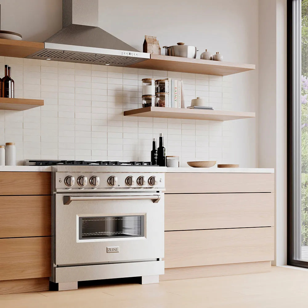 Designer kitchen with a ZLINE 36 in. 5.2 cu. ft. Classic Dual Fuel Range with 6 Burner DuoPro™ Cooktop and Electric Convection Oven in Satin Stainless Steel (PCDRS-36) and wooden cabinets, angled.