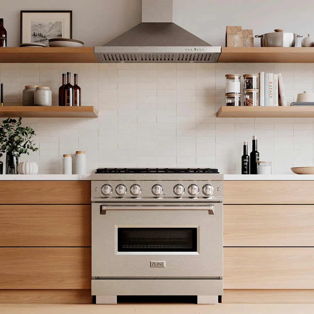 Designer kitchen with a ZLINE 36 in. 5.2 cu. ft. Classic Dual Fuel Range with 6 Burner DuoPro™ Cooktop and Electric Convection Oven in Satin Stainless Steel (PCDRS-36) and wooden cabinets, front.